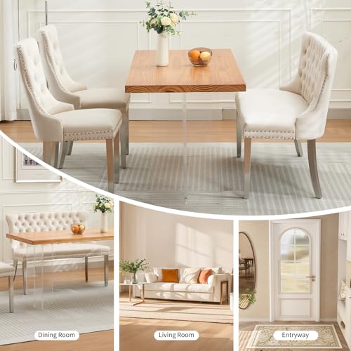 Beige Velvet Dining Bench with Back, Tufted Banquette Seating, Silver Legs | Upholstered loveseat bench; tufted back; nailhead trim; 500 lb capacity; foam and spring seat; dining room or entryway - color: Beige(silver Stainless Steel Legs)