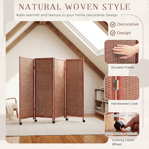 4 Panel Rolling Bamboo Short Room Divider with Wheels, 3.9FT Tall, Movable Folding Privacy Screen, Freestanding Partition for Loft, Apartment, Studio & Home Office, Brown