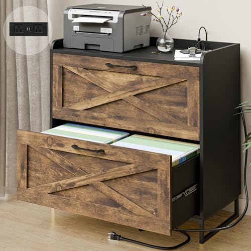Vabches 2 Drawer Lateral File Cabinet with Charging Station, Brown & Black | Modern Farmhouse Large Wood File Storage Cabinet for Legal/Letter/A4 Size Hanging Files,Printer Stand for Home Office - color: Rustic Brown