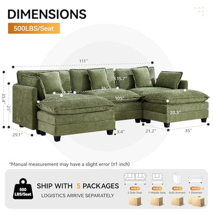 111'' Sectional Cloud Deep Seat Couch, Oversized Chenille U Shaped Sectional Sofa for Living Room Set, Comfy Upholstered Modular 3-Seats Sectional Sofa Couch with 2 Movable Ottoman, Green - color: Green, size: 111'' U Shape