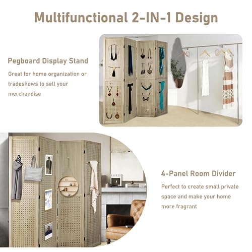 4 Panel Pegboard Room Divider | Folding Freestanding Display Screen, Privacy Partition for Retail, Craft Shows, Home Office, and Exhibition Use Brown - color: Brown-4 Panel, size: 4 Panel