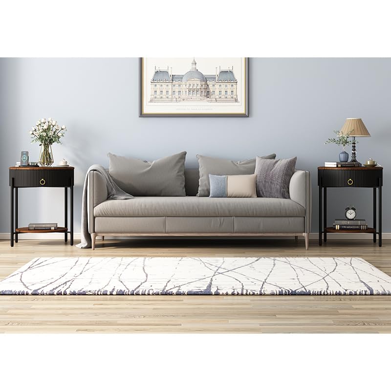 OIOG Wood Grain Side Table with Drawer, 2 Tier End Table, Black and Brown | Round Nightstand, Modern Side table, End Table with Storage, MDF Tabletop ang Shelf, For Living Room, Bedroom, Office, Dorm - color: Black