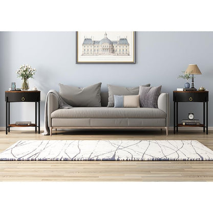 OIOG Wood Grain Side Table with Drawer, 2 Tier End Table, Black and Brown | Round Nightstand, Modern Side table, End Table with Storage, MDF Tabletop ang Shelf, For Living Room, Bedroom, Office, Dorm - color: Black