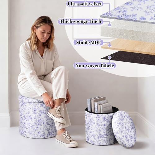 Geetery 2 Pcs Dorm Ottoman with Storage Set Blue Floral Ottoman | Vanity Stool with Storage for Bedroom Coffee Table Small Coquette Foot Stool for Girls Living Room College Dorm Essentials - style: Blue and White Flowers Pattern