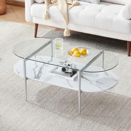 LumFurn Oval Glass Coffee Table, Mid-Century Modern Design for Living Room, L41xW21xH17inch, Clear Glass, White Marble Finish Wood & Silver Finish Frame - color: Oval L41" Silver & White Marble