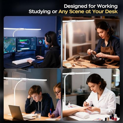 LED Desk Lamp with Clamp, Dual Head Desk Light for Home Office, Eye-Caring Monitor Desk Lamp with Remote, Flexible Gooseneck Architect Task Lamp, 10 Brightness Levels & 5 Color Modes White - color: White