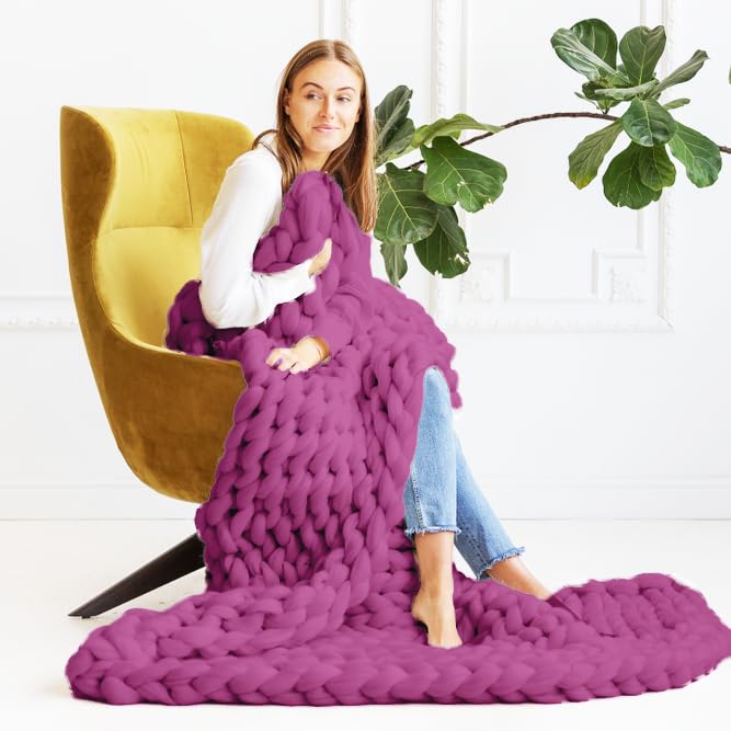 Chunky Knit Blanket (50 x 60 Inches) Warm Soft Cozy for Lounge Sofa & Bedroom, Handmade Knitted Yarn Throw Blanket (Dusty Pink, 1) - color: Dusty Pink