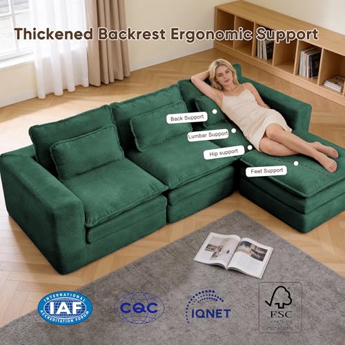 109" L Shape Modular Sectional Sofa with Ottoman, Boneless Couch Three-Layer Deep 3 Seat Convertible Pull Out Sofa Bed Sleeper for Living Room No Assembly 109" L-Green - size: 109"L