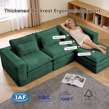 109" L Shape Modular Sectional Sofa with Ottoman, Boneless Couch Three-Layer Deep 3 Seat Convertible Pull Out Sofa Bed Sleeper for Living Room No Assembly 109" L-Green - size: 109"L