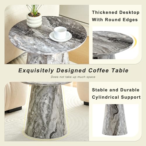 Modern End Coffee Table, 19.6" Gray&Brown Texture Faux Marble Coffee Table with Sturdy Cone Base, Small Round Coffee Table & Tall End Table Ideal for Living Room, Apartment, Small Space - color: 19.6" Gray Coffee Table