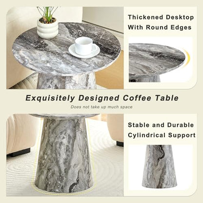 Modern End Coffee Table, 19.6" Gray&Brown Texture Faux Marble Coffee Table with Sturdy Cone Base, Small Round Coffee Table & Tall End Table Ideal for Living Room, Apartment, Small Space - color: 19.6" Gray Coffee Table