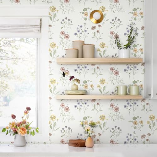 17.3''x78.7'' Floral Peel and Stick Wallpaper Boho Vintage Botanical Farmhouse Renter Friendly Contact Paper Bathroom Kitchen Village Country Cottage Small Floral Wallpaper Waterproof Vinyl - color: White, size: 17.3" x 78.7"