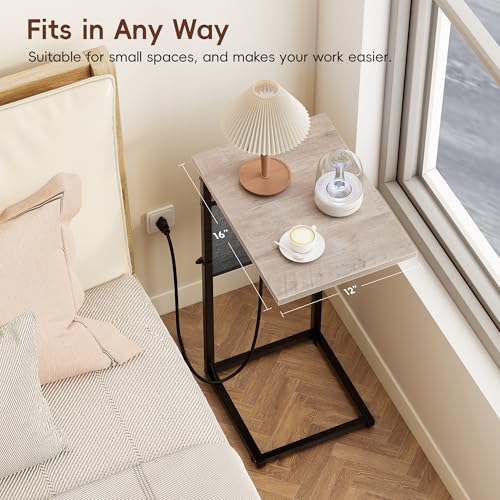 C Shaped End Table with Charging Station, Adjustable Height Side Table for Couch Recliner, Small Sofa Table with Storage Bag, Slide Under Sofa TV Tray Arm Table for Living Room, Bedroom, Gray - color: Greige, style: With Plug