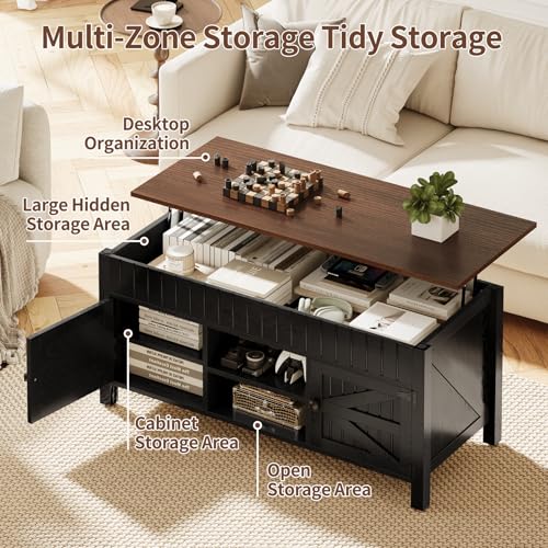 47.3" Lift Top Coffee Table with Storage - Black Coffee Tables for Living Room, Farmhouse Wood Center Table, Large Rectangle Middle Tables with Hidden Compartment & Adjustable Shelf - color: Black