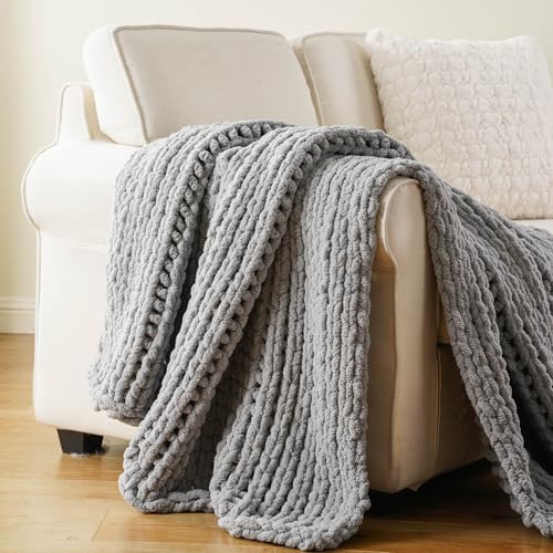 Chunky Knit Throw Blanket for Couch, Light Grey Throw Blanket 50"x60" | Knit Throw Blanket, Soft Thick Chunky Blanket, Hand Made Gray Knitted Throw Blanket for Bed Sofa Living Room - color: Light Grey