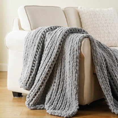 Chunky Knit Throw Blanket for Couch, Light Grey Throw Blanket 50"x60" | Knit Throw Blanket, Soft Thick Chunky Blanket, Hand Made Gray Knitted Throw Blanket for Bed Sofa Living Room - color: Light Grey