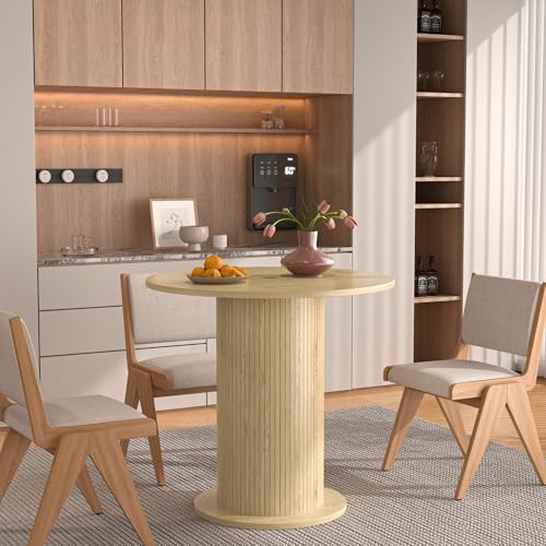 31.5 inch Round Dining Table for 2, Modern Farmhouse Kitchen Table | Small Circle Dining Tables with Wood Strip Base for Kitchen Living Room - color: Natural