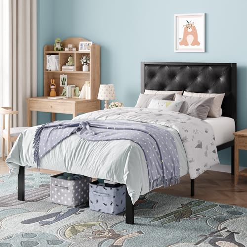 SHA CERLIN Twin Size Metal Bed Frame with PU Tufted Headboard, Black | Modern Design Heavy-Duty Platform Bed, No Box Spring Need, PU Leather Upholstery, Noise Free, Easy Assembly - color: Black, size: Twin