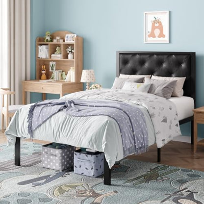 SHA CERLIN Twin Size Metal Bed Frame with PU Tufted Headboard, Black | Modern Design Heavy-Duty Platform Bed, No Box Spring Need, PU Leather Upholstery, Noise Free, Easy Assembly - color: Black, size: Twin