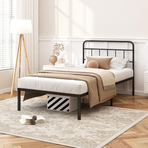 Kujielan 12 inches Twin Bed Frame with Minimalist headboard, Black | Metal Platform Base with Strong Metal Slats,Mattress Foundation for Under Bed Storage,Easy Assembly - size: Twin