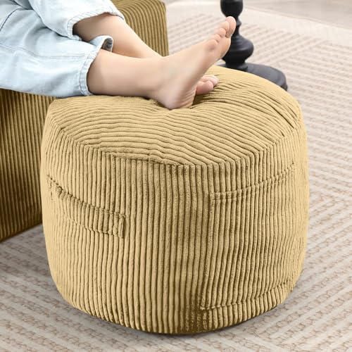 Round Stuffed Pouf Ottoman (Yellow, 20" D x 20" W x 15" H) | Corduroy Foot Rest with Rebound Foam Filling, Furry and Fluffy Foot Stool Ottoman, Floor Poufs for Living Room - color: Yellow, size: 20"D x 20"W x 15"H