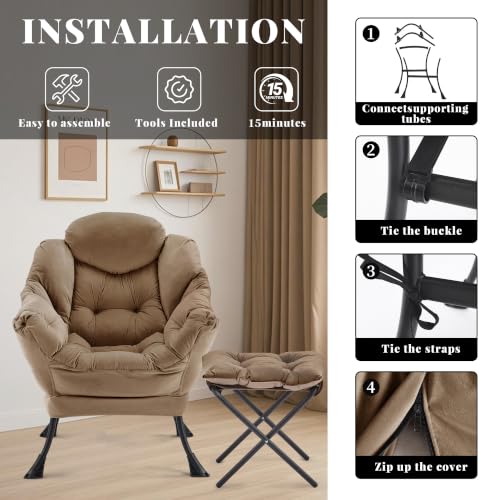 Lazy Chair with Ottoman, Comfy Reading Chair, Brown | Cushioned Seat with Foldable Ottoman and Side Pocket, Lounge Chair for Bedroom, Living Room, Dorm and Small Spaces - color: Brown