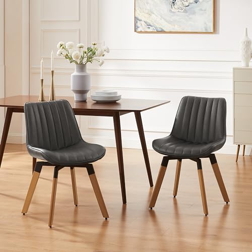 Mid Century Upholstered Swivel PU Dining Chairs Set of 4 Dark Gray | 360° swivel curved foam-padded seat armless design dining room chairs accent chairs solid wood legs floor protection pads - color: Black Gray, size: Set of 4-PU