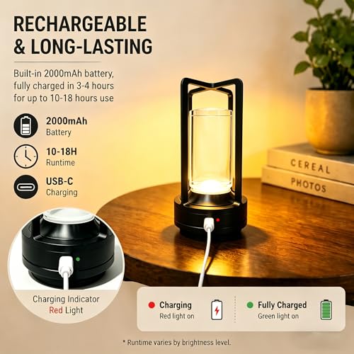 Rechargeable Crystal Table Lamp, 3-Color Touch LED, Black | Black metal crystal lantern, 3-color touch dimming, USB-C rechargeable, compact 7.1 in accent light for patio table - style: black-1