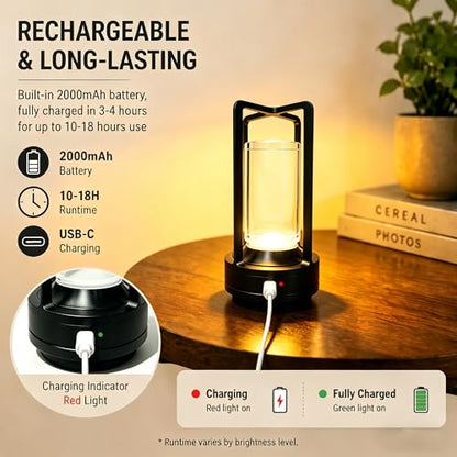 Rechargeable Crystal Table Lamp, 3-Color Touch LED, Black | Black metal crystal lantern, 3-color touch dimming, USB-C rechargeable, compact 7.1 in accent light for patio table - style: black-1