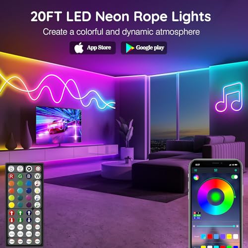 AILBTON 20Ft LED neon Lights with Remote APP Control IP65 Waterproof Flexible Neon Strip Lights 24V RGB Rope Lights for Bedroom Room Outdoors Décor - size: 20FT