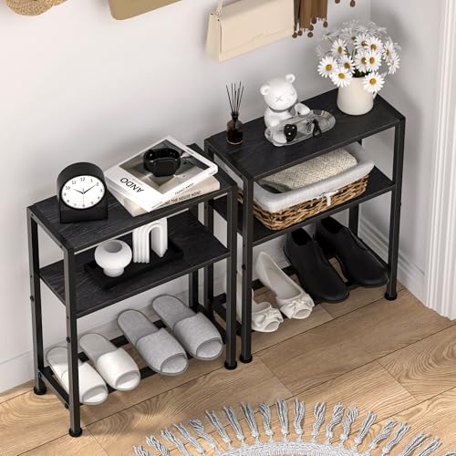 Narrow Side Table for Small Space, 2-Tier Small End Table with Shelf Holder, Slim Nightstand, Skinny Snack Couch Table in Living Room, Bedroom, Study, Kitchen and Balcony (Black) - color: Black