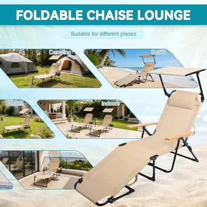Beach Lounge Chair with Sun Shade, Folding Outdoor Chaise Lounge Chair with Arms, 4-Position Backrest, Extended Sun Tanning Chair Pillow & Cup Holder, Patio Lounger for Outside for Beach(Beige-U) - color: Beige-u