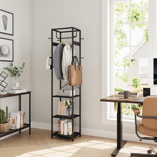 ELYKEN Coat Rack Freestanding, Hall Tree with 3 Shelves and 12 Hooks, Black | Industrial Metal Frame, Space-Saving Design, Clothes Rack Stand Organizer for Bedroom, Hallway, Entryway, Office, Living Room - color: Black