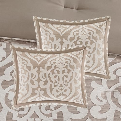 Madison Park Odette Cozy Comforter Set Jacquard Damask Medallion Design - Modern All Season, Down Alternative Bedding, Shams, Decorative Pillows, Queen(90 in x 90 in), Tan 8 Piece | All Season Down Alternative Bedding with Comforter, Shams, Bed Skirt, Dec