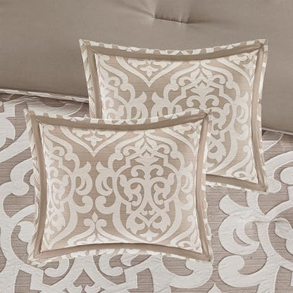 Madison Park Odette Cozy Comforter Set Jacquard Damask Medallion Design - Modern All Season, Down Alternative Bedding, Shams, Decorative Pillows, Queen(90 in x 90 in), Tan 8 Piece | All Season Down Alternative Bedding with Comforter, Shams, Bed Skirt, Dec