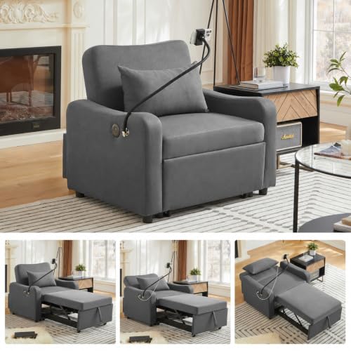 Majnesvon Convertible Chair Bed 3 in 1, Sofa Bed Chair (Dark Gray) | with Adjustable Backrest & Charging Station, Small Space One Person Couch for Apartment, Office, Living Room, Bedroom - color: Dark Gray
