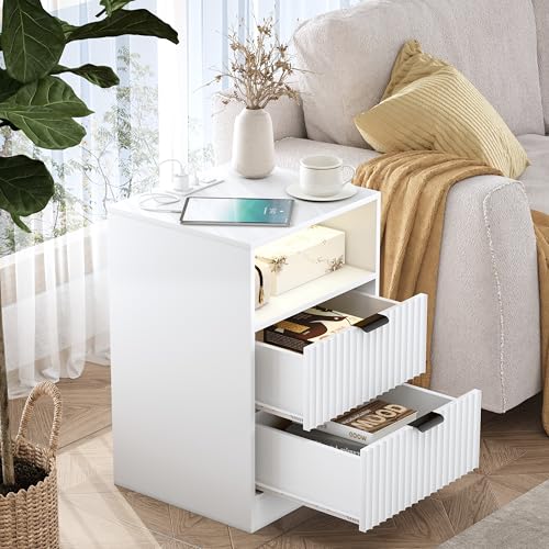 Fluted Nightstand Set of 2, LED Nightstand with Charging Station, Wood Nightstands with 2 Drawers & Metal Handles, Modern Bedside Table & End Tables, Farmhouse Night Stands for Bedroom, White - color: White, style: LED 2 Drawers-2 PCS