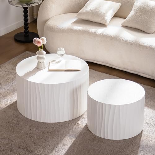 Nesting Coffee Table Set of 2 Round Wooden Coffee Tables Circle Modern Table for Living Room Bedroom Accent End Side Table White - color: 46.45'' White