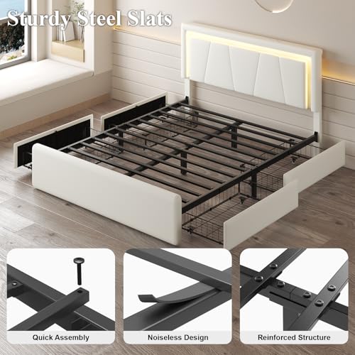 Full Size Bed Frame with 4 Storage Drawers, Upholstered Headboard, White | Modern Bed, Charging Station, LED Light, Adjustable Height Headboard, Noise-Free, No Box Spring Needed, Easy Assembly - color: White, size: Full