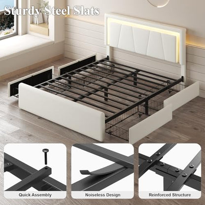 Queen Size Bed Frame with 4 Storage Drawers, Upholstered Headboard, White | Modern Bed, Charging Station, LED Light, Adjustable Height Headboard, Noise-Free, No Box Spring Needed, Easy Assembly - color: White, size: Queen