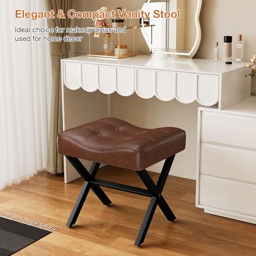 18-Inch Large Leather Vanity Stool Chair, Dark Brown Makeup Stool | Vanity Bench, Metal X-Leg, 350 LBS, 20"x16.9"x18", Ottoman Accent Stool, Thick Padded Saddle Seat, For Living Room Bedroom - size: Large, style: Dark Brown Leather