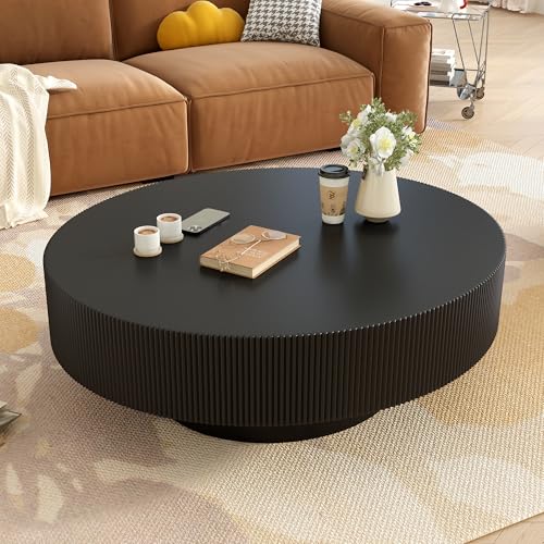 31.5" Black Round Coffee Table with 6.8" Thick Tabletop & Sturdy Base, Modern Drum Center Table Circle Accent Side Table for Living Room, Minimalist Fluted Design, Black - color: 31.5" Round Style 1, Black