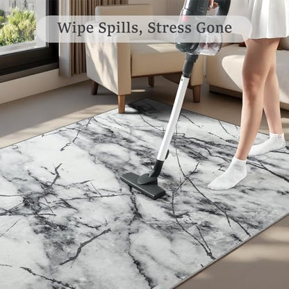 CRYPTOLITE Abstract Area Rug Washable Rug with Non-Slip Backing Low Pile Area Rugs for Living Room, Bedroom, Dining Room,4x6, Silver&Grey - color: Marble - Silver Grey, size: 4' x 6' (Rectangular)