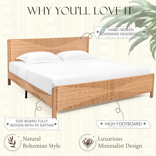 Hand-Woven PE Rattan King Bed Frame with Headboard and Footboard, Boho Mid Century Modern Bedframe with Vintage Pattern, Wicker Bed with Metal Frame and Slats, No Box Spring Needed, 1000lbs