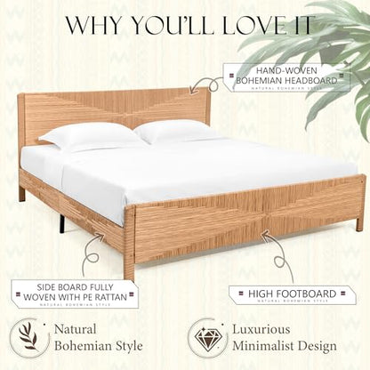 Hand-Woven PE Rattan King Bed Frame with Headboard and Footboard, Boho Mid Century Modern Bedframe with Vintage Pattern, Wicker Bed with Metal Frame and Slats, No Box Spring Needed, 1000lbs