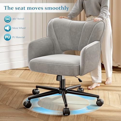 DurayLoly Desk Chair with Shell Back & 360° Swivel Wheels | Comfy Velet Vanity Chair,Adjustable Height,Stylish and Comfortable for Makeup, Work & Relaxation,Grey - color: Grey