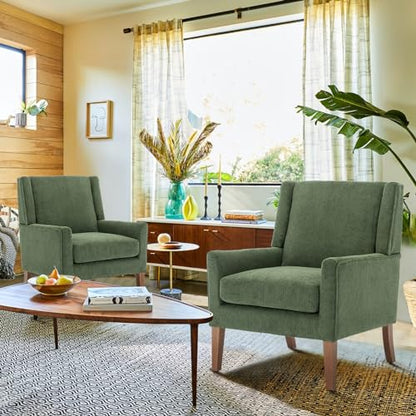 COLAMY Modern Wingback Living Room Chair, Upholstered Fabric Accent Armchair, Single Sofa Chair with Lounge Seat and Wood Legs for Bedroom/Office/Reading Spaces, Green - color: Green, size: Set of 1