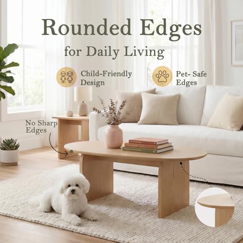 Honyee Oval Coffee Table, 47.2" Wood Coffee Table for Living Room, Modern Wooden Center Table with Solid Wood Veneer Legs, Sturdy Rounded Edge Design, Easy Assembly, Apartment Friendly, Natural - size: 47.2 inches x 27.6 inches x 16.5 inches