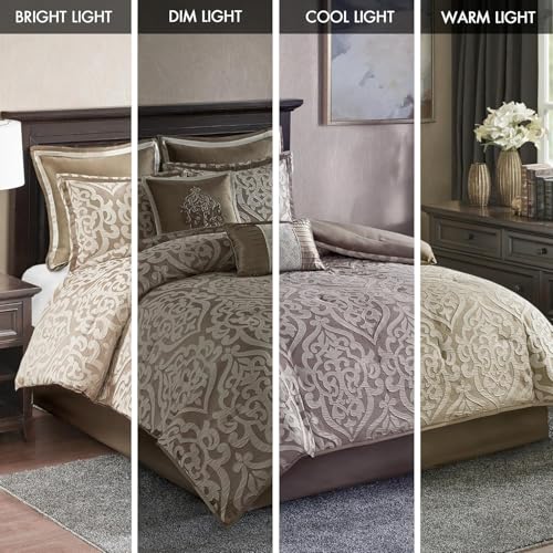 Madison Park Odette Cozy Comforter Set Jacquard Damask Medallion Design - Modern All Season, Down Alternative Bedding, Shams, Decorative Pillows, Cal King(104 in x 92 in), Tan 8 Piece | All Season Down Alternative Bedding with Comforter, Shams, Bed Skirt,