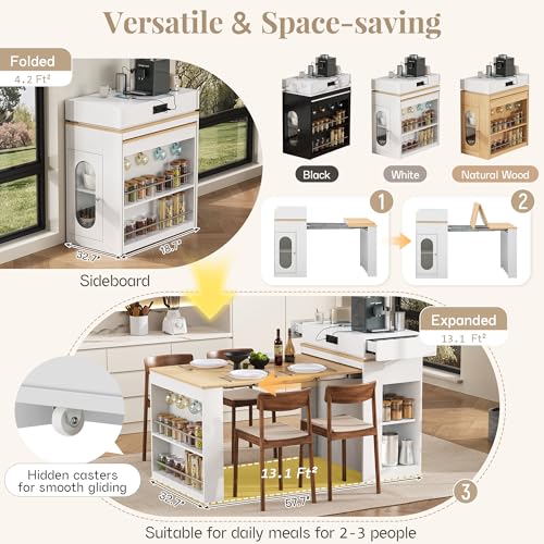 Extendable Dining Table with Folding Tabletop & Power Outlet, Modern Kitchen Island Sideboard with Wheels, Hidden Drawers & USB Charging, Sturdy Buffet Table for Small Spaces (Creamy White+Natural) - color: Creamy White+natural